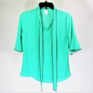 Lucky too | Bright Neon Teal, Tie Neck, Top